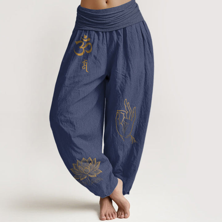 Buddha Stones, Om-Dhi-Symbole, Lotus-Buddha-Hand-Muster, Damen-Haremshose aus Baumwolle mit elastischem Bund - Dunkelschieferblau - US16, UK/AU20, EU48 (3XL) - image 5