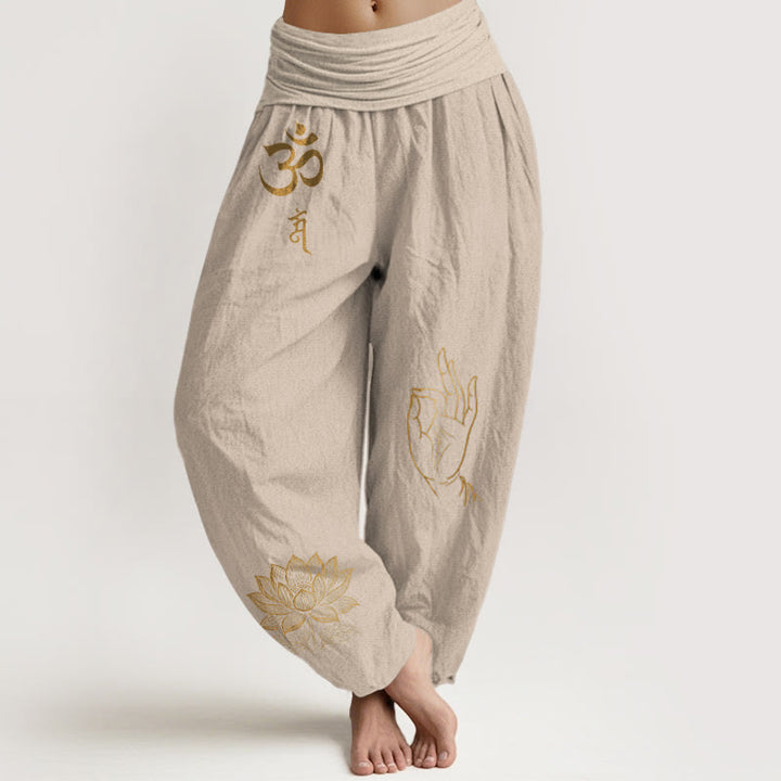 Buddha Stones, Om-Dhi-Symbole, Lotus-Buddha-Hand-Muster, Damen-Haremshose aus Baumwolle mit elastischem Bund - Bräunen - US16, UK/AU20, EU48 (3XL) - image 11