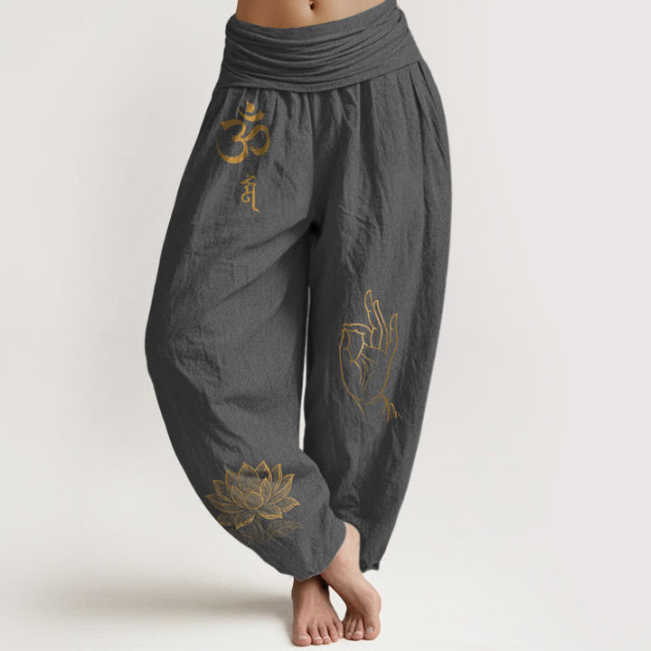 Buddha Stones, Om-Dhi-Symbole, Lotus-Buddha-Hand-Muster, Damen-Haremshose aus Baumwolle mit elastischem Bund - DimGray - US16, UK/AU20, EU48 (3XL) - image 8