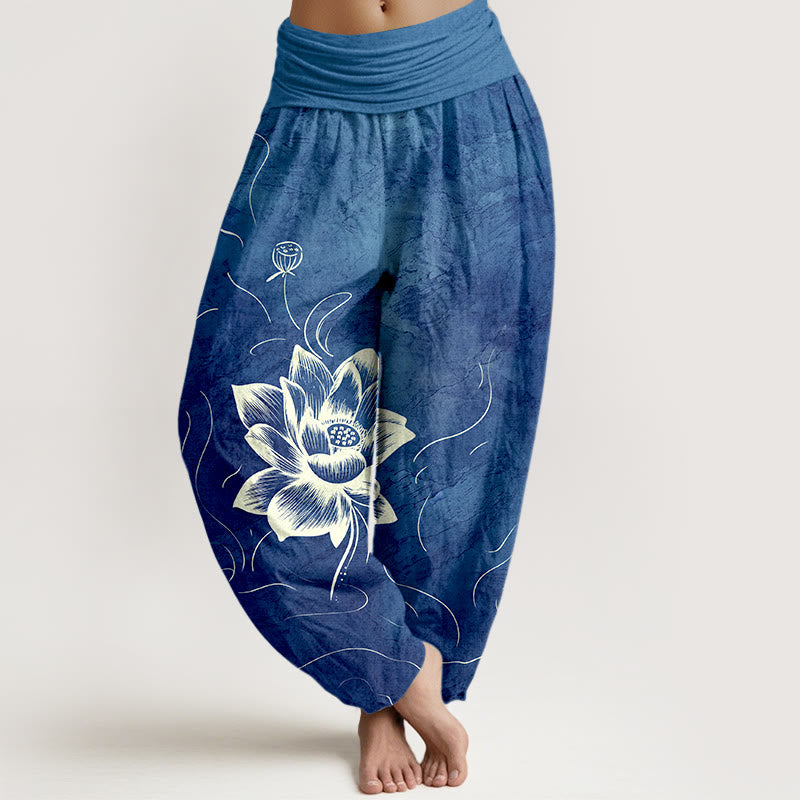 Buddha Stones Haremshose aus reiner Baumwolle mit Lotusblumenmuster und elastischem Bund für Damen - Königsblau - US16, UK/AU20, EU48 (3XL) - image 5