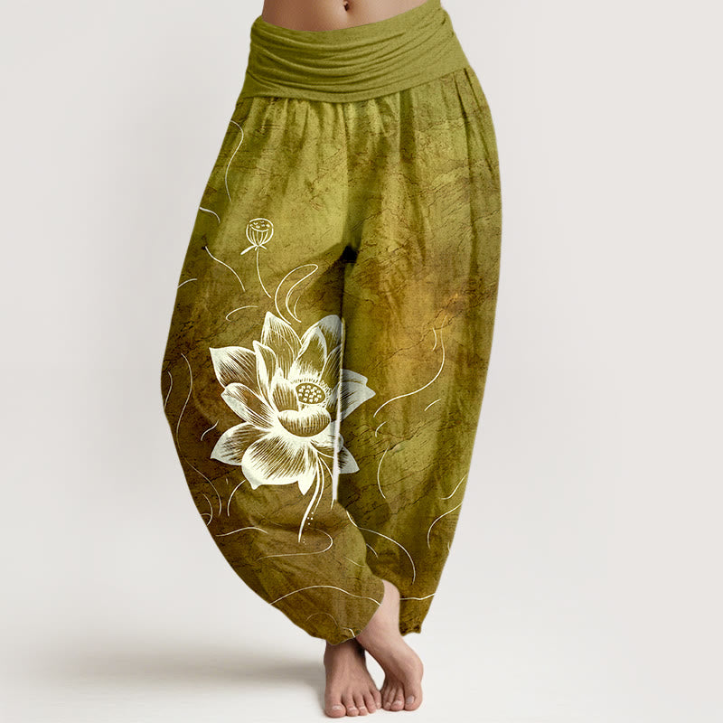 Buddha Stones Haremshose aus reiner Baumwolle mit Lotusblumenmuster und elastischem Bund für Damen - Dunkelgoldenrod - US16, UK/AU20, EU48 (3XL) - image 8