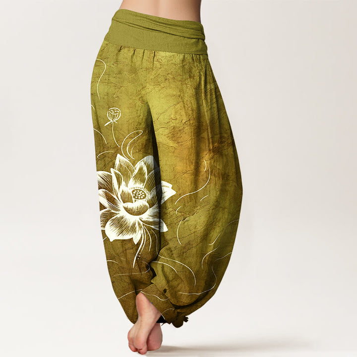 Buddha Stones Haremshose aus reiner Baumwolle mit Lotusblumenmuster und elastischem Bund für Damen - image 9