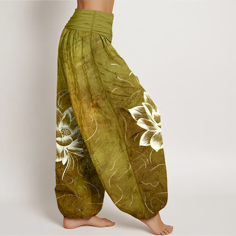 Buddha Stones Haremshose aus reiner Baumwolle mit Lotusblumenmuster und elastischem Bund für Damen - image 10