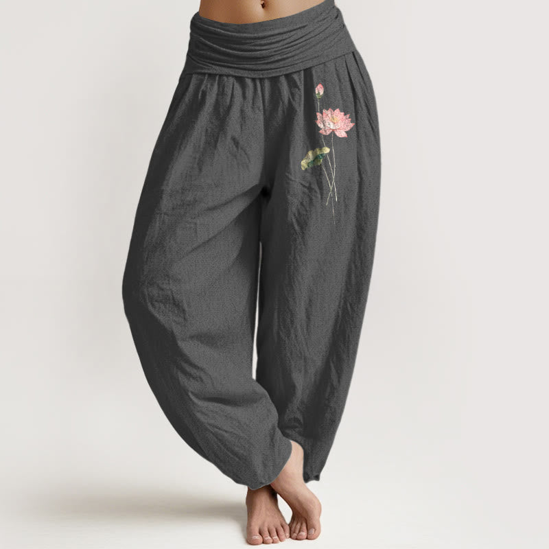 Buddha Stones , rosa Lotusblumen- und Lotusblättermuster, Damen-Haremshose aus reiner Baumwolle mit elastischem Bund. - DimGray - US16, UK/AU20, EU48 (3XL) - image 0