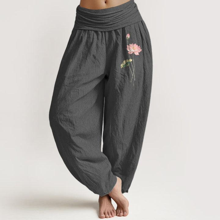Buddha Stones , rosa Lotusblumen- und Lotusblättermuster, Damen-Haremshose aus reiner Baumwolle mit elastischem Bund. - DimGray - US16, UK/AU20, EU48 (3XL) - image 0