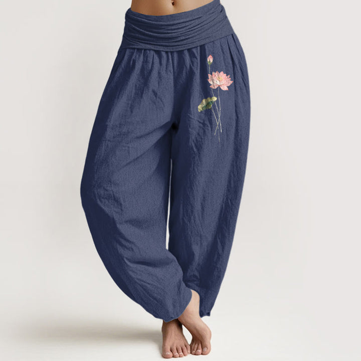 Buddha Stones , rosa Lotusblumen- und Lotusblättermuster, Damen-Haremshose aus reiner Baumwolle mit elastischem Bund. - Dunkelschieferblau - US16, UK/AU20, EU48 (3XL) - image 8