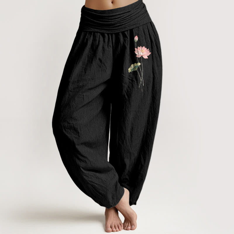 Buddha Stones , rosa Lotusblumen- und Lotusblättermuster, Damen-Haremshose aus reiner Baumwolle mit elastischem Bund. - Schwarz - US16, UK/AU20, EU48 (3XL) - image 5
