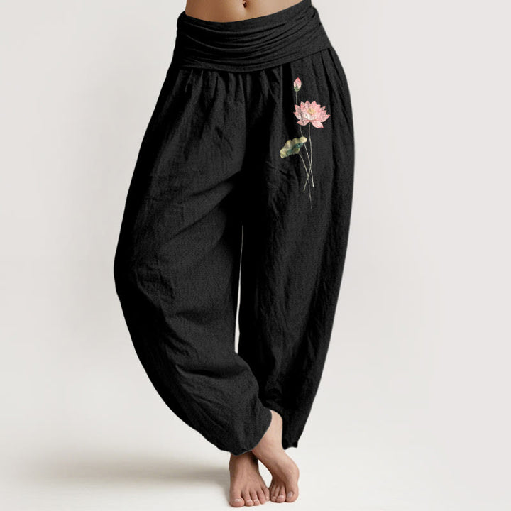 Buddha Stones , rosa Lotusblumen- und Lotusblättermuster, Damen-Haremshose aus reiner Baumwolle mit elastischem Bund. - Schwarz - US16, UK/AU20, EU48 (3XL) - image 5