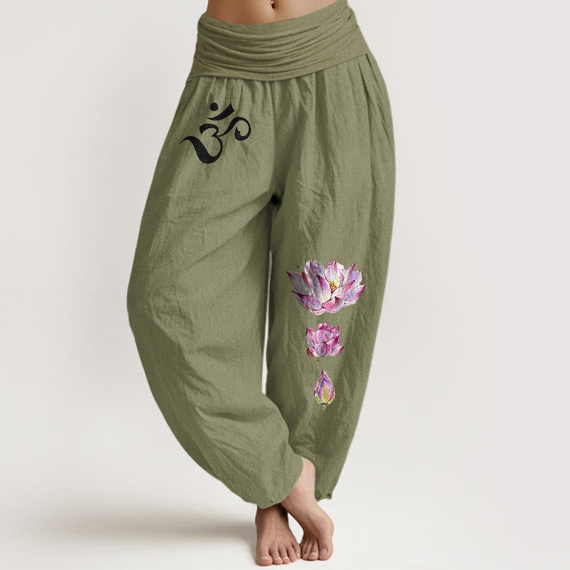 Damen-Haremshose aus reiner Baumwolle mit Buddha Stones, blühendem Lotus und Om-Symbolmuster, elastischem Bund. - Olivgrün - US16, UK/AU20, EU48 (3XL) - image 14