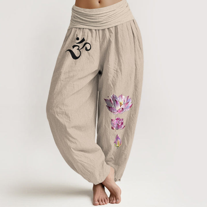 Damen-Haremshose aus reiner Baumwolle mit Buddha Stones, blühendem Lotus und Om-Symbolmuster, elastischem Bund. - Bräunen - US16, UK/AU20, EU48 (3XL) - image 11