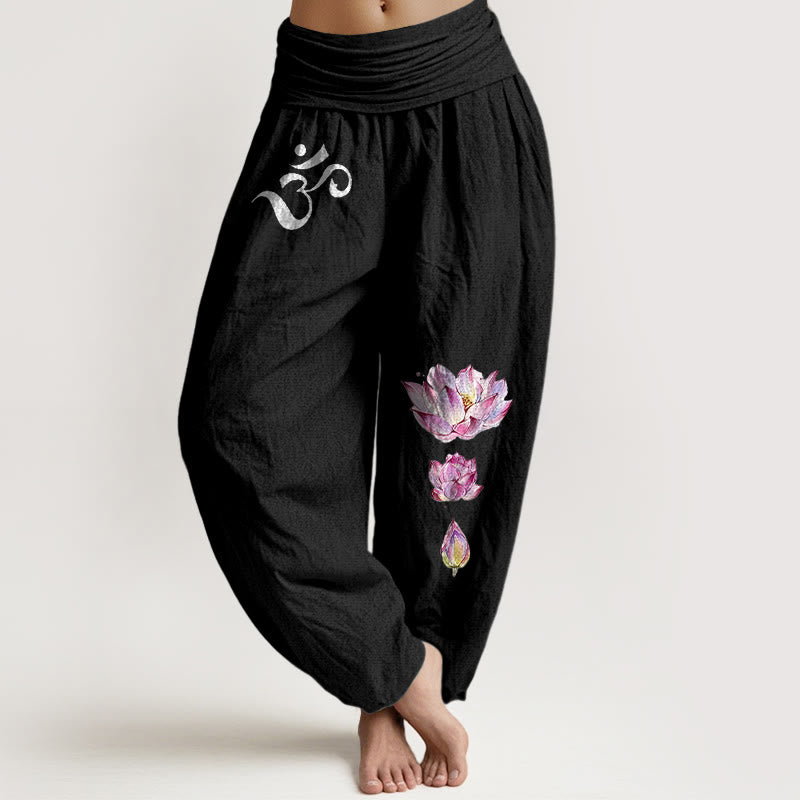 Damen-Haremshose aus reiner Baumwolle mit Buddha Stones, blühendem Lotus und Om-Symbolmuster, elastischem Bund. - Schwarz - US16, UK/AU20, EU48 (3XL) - image 0