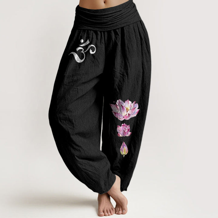 Damen-Haremshose aus reiner Baumwolle mit Buddha Stones, blühendem Lotus und Om-Symbolmuster, elastischem Bund. - Schwarz - US16, UK/AU20, EU48 (3XL) - image 0