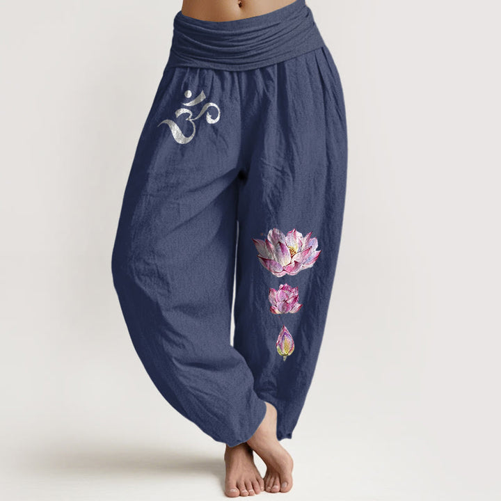 Damen-Haremshose aus reiner Baumwolle mit Buddha Stones, blühendem Lotus und Om-Symbolmuster, elastischem Bund. - Dunkelschieferblau - US16, UK/AU20, EU48 (3XL) - image 5