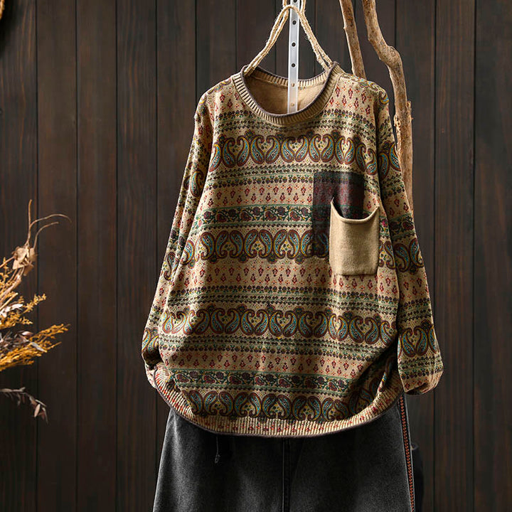 Buddha Stones ​​Herbstpflanzen-Blumenmuster Rundhalsausschnitt Langarm Damen Baumwollpullover mit Tasche - Dunkelkhaki - US4-6, UK/AU8-10, EU36-38 (F) - image 13
