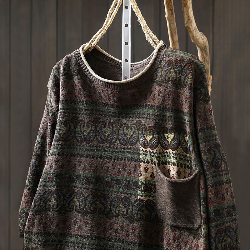 Buddha Stones ​​Herbstpflanzen-Blumenmuster Rundhalsausschnitt Langarm Damen Baumwollpullover mit Tasche - image 18