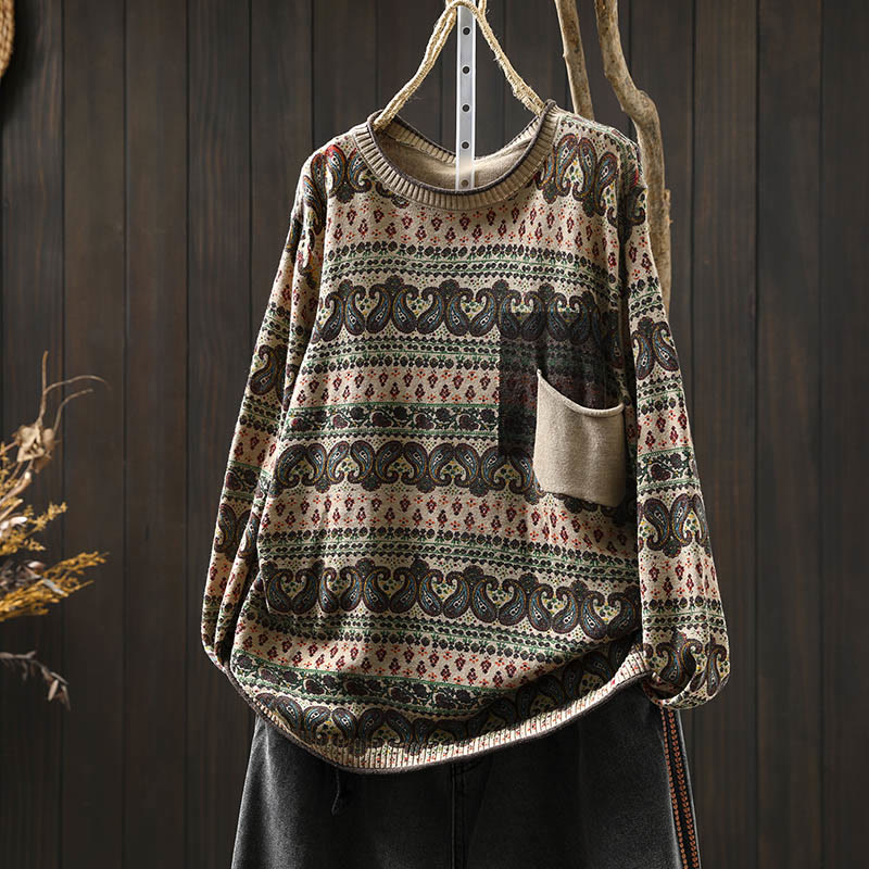 Buddha Stones ​​Herbstpflanzen-Blumenmuster Rundhalsausschnitt Langarm Damen Baumwollpullover mit Tasche - Antikweiß - US4-6, UK/AU8-10, EU36-38 (F) - image 0
