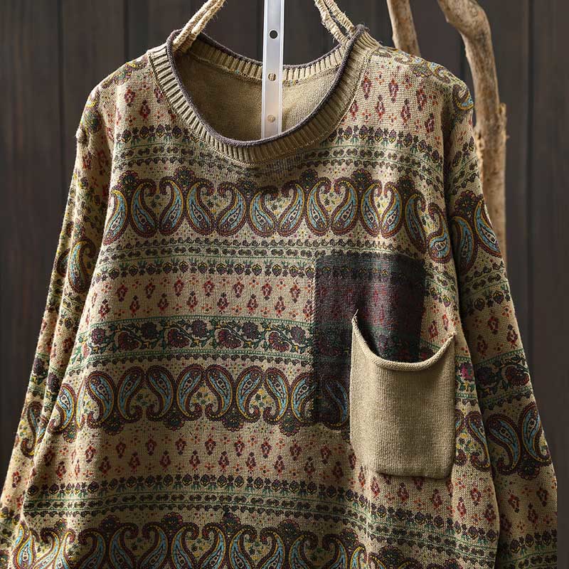 Buddha Stones ​​Herbstpflanzen-Blumenmuster Rundhalsausschnitt Langarm Damen Baumwollpullover mit Tasche - image 14