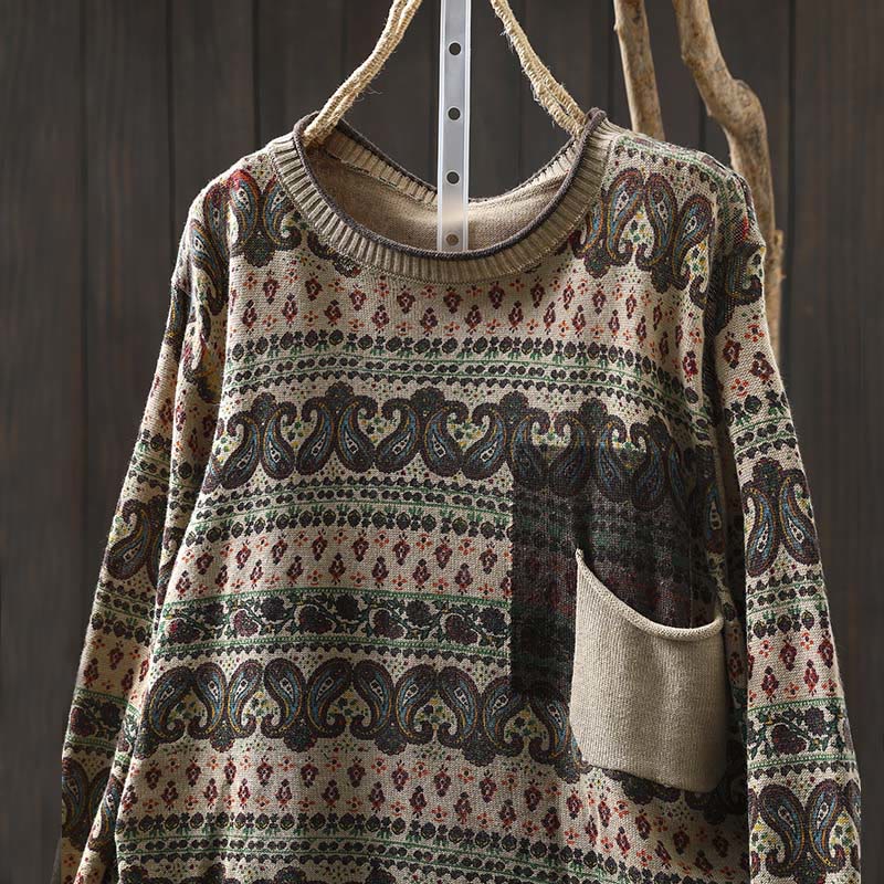 Buddha Stones ​​Herbstpflanzen-Blumenmuster Rundhalsausschnitt Langarm Damen Baumwollpullover mit Tasche - image 1