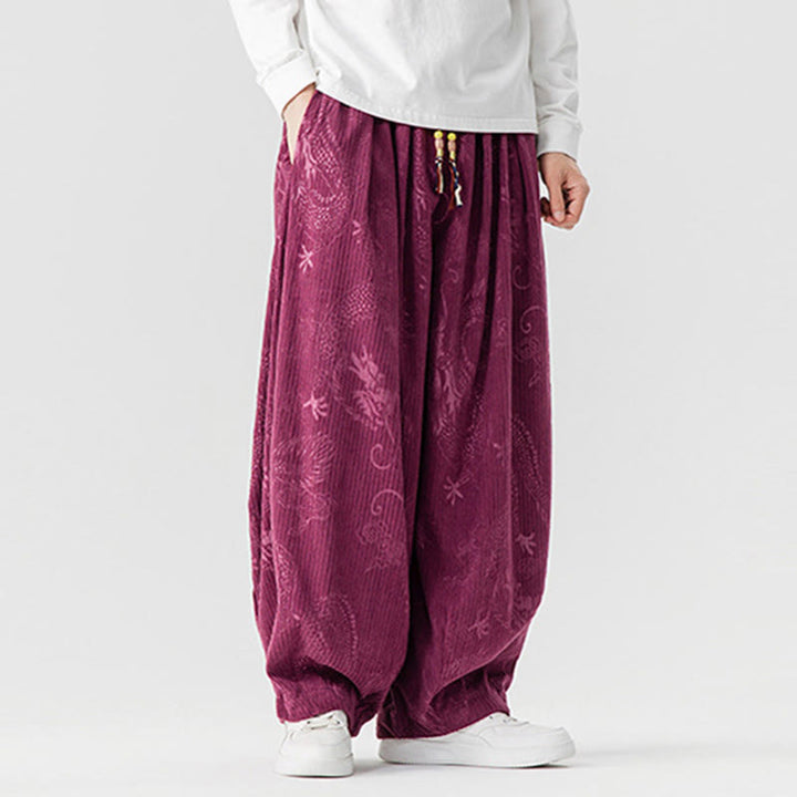 Buddha Stones ​​Winterdrachen-Phönix-Muster Baumwollcord Herren Haremshose mit Taschen - image 12
