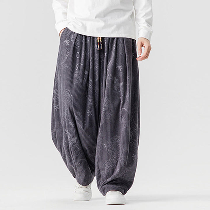 Buddha Stones ​​Winterdrachen-Phönix-Muster Baumwollcord Herren Haremshose mit Taschen - image 25