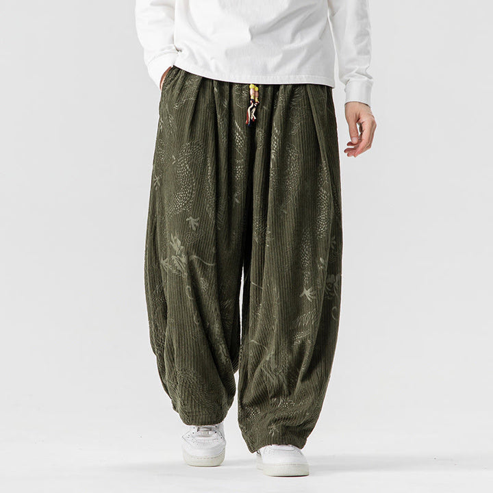 Buddha Stones ​​Winterdrachen-Phönix-Muster Baumwollcord Herren Haremshose mit Taschen - image 0