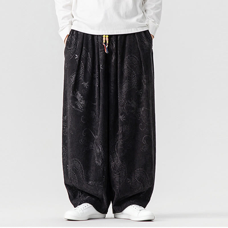 Buddha Stones ​​Winterdrachen-Phönix-Muster Baumwollcord Herren Haremshose mit Taschen - Schwarz - US/ UK/AU46, EU56 (5XL) - image 31