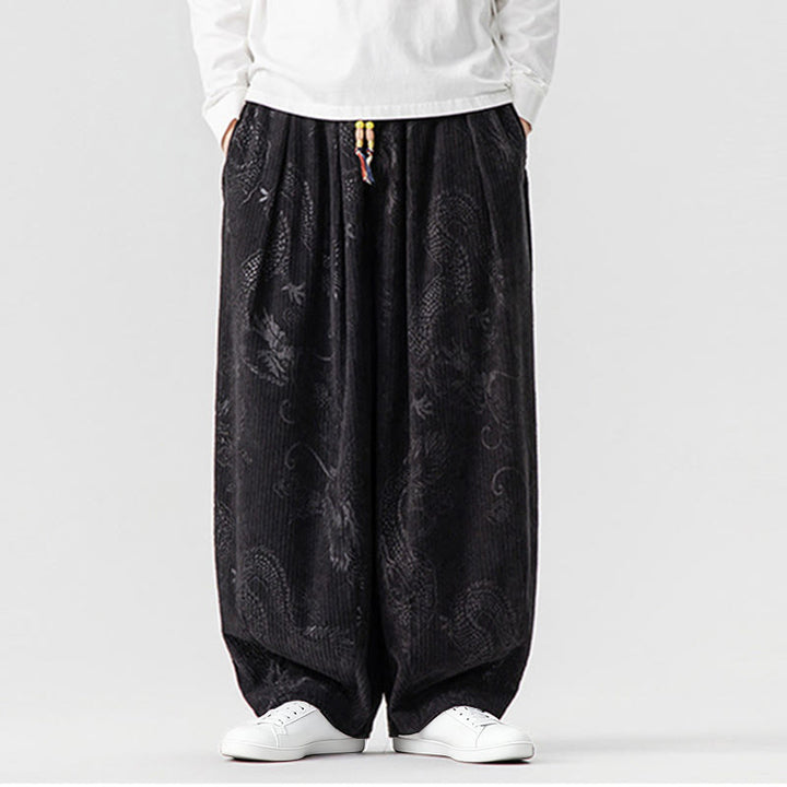 Buddha Stones ​​Winterdrachen-Phönix-Muster Baumwollcord Herren Haremshose mit Taschen - Schwarz - US/ UK/AU46, EU56 (5XL) - image 31