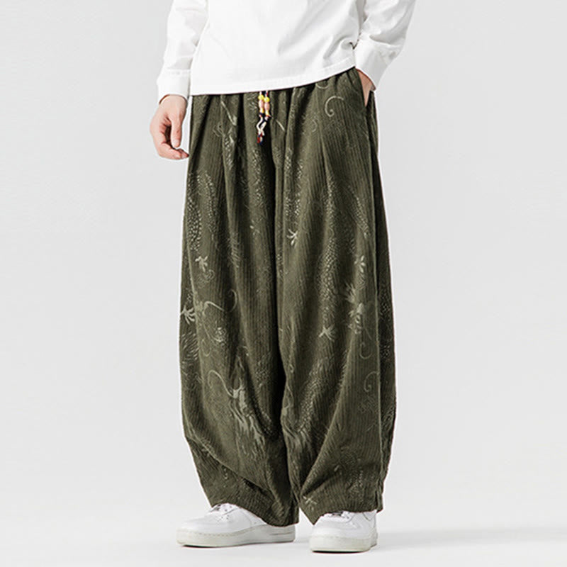 Buddha Stones ​​Winterdrachen-Phönix-Muster Baumwollcord Herren Haremshose mit Taschen - image 2