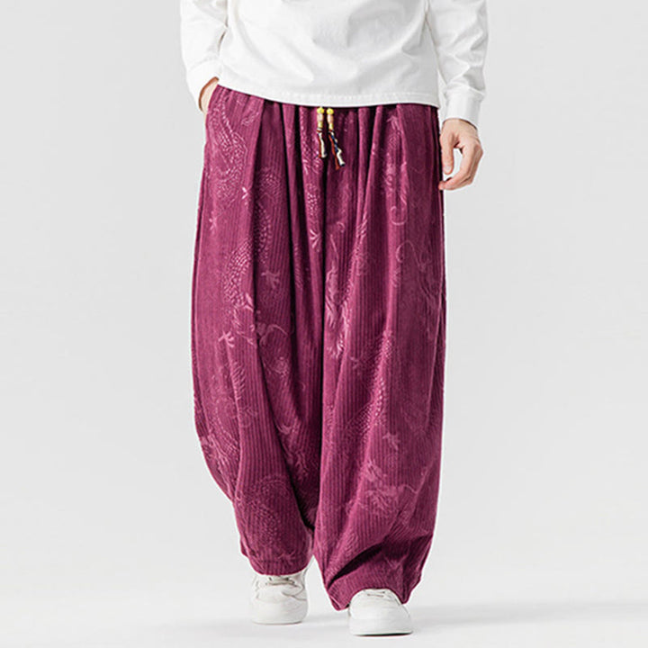 Buddha Stones ​​Winterdrachen-Phönix-Muster Baumwollcord Herren Haremshose mit Taschen - image 10