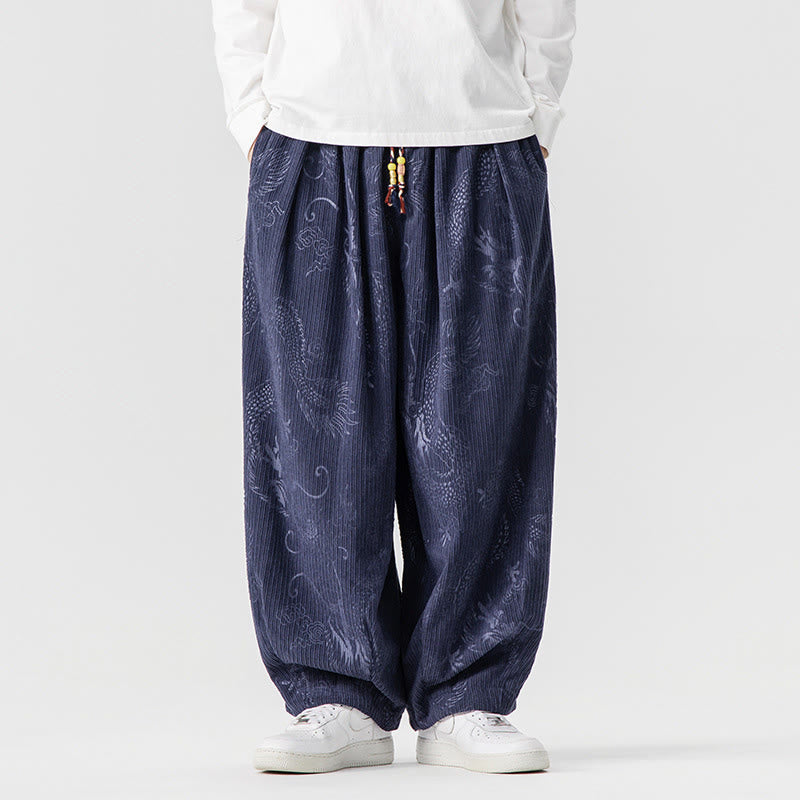 Buddha Stones ​​Winterdrachen-Phönix-Muster Baumwollcord Herren Haremshose mit Taschen - Dunkelschieferblau - US/ UK/AU46, EU56 (5XL) - image 16