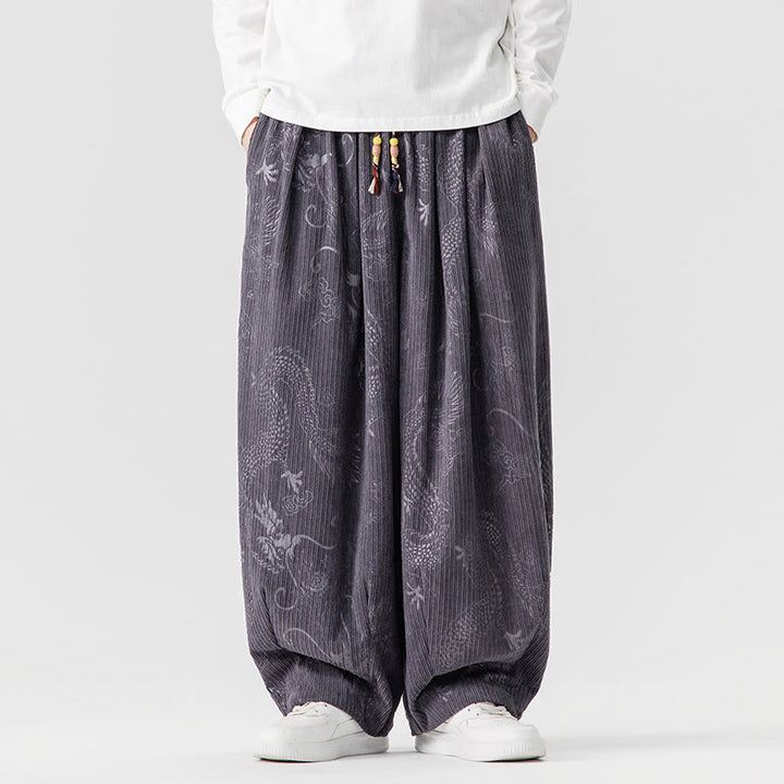 Buddha Stones ​​Winterdrachen-Phönix-Muster Baumwollcord Herren Haremshose mit Taschen - Hellschiefergrau - US/ UK/AU46, EU56 (5XL) - image 24