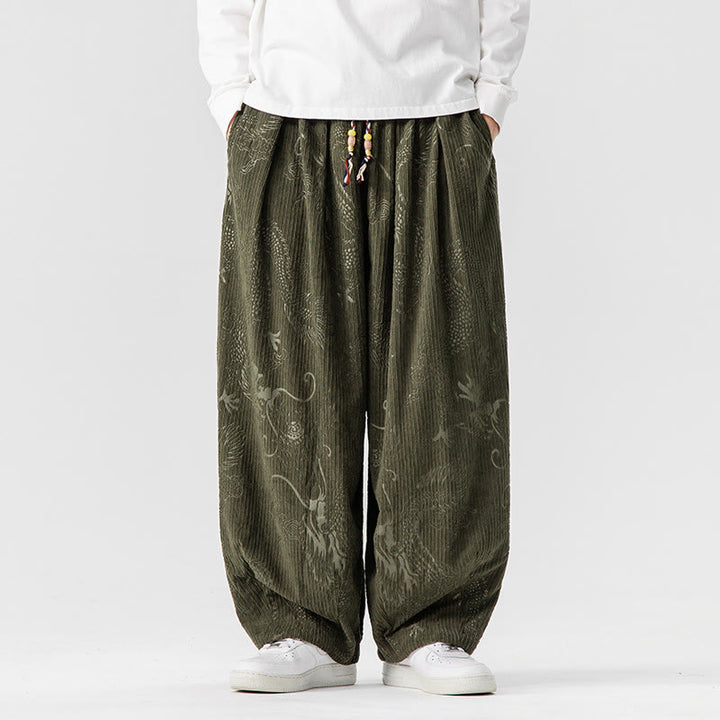 Buddha Stones ​​Winterdrachen-Phönix-Muster Baumwollcord Herren Haremshose mit Taschen - Dunkelolivgrün - US/ UK/AU46, EU56 (5XL) - image 1