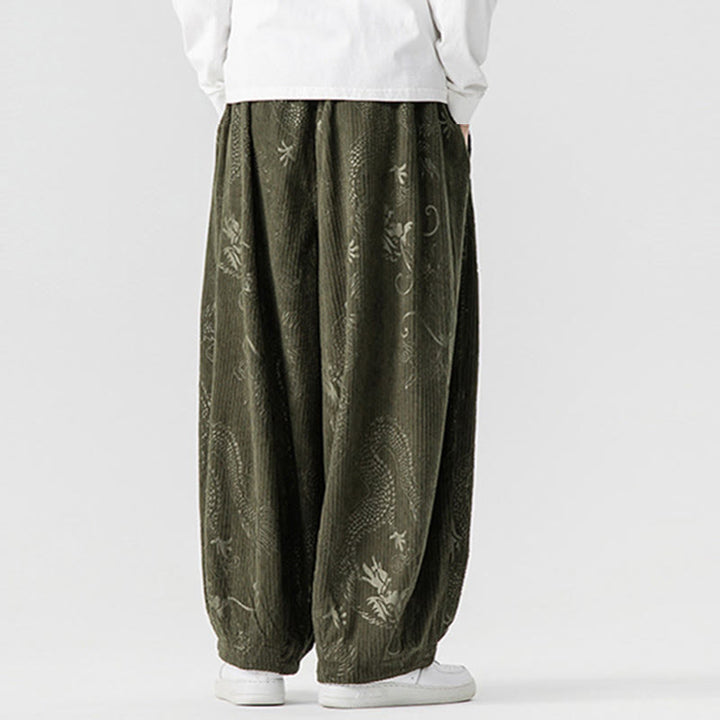 Buddha Stones ​​Winterdrachen-Phönix-Muster Baumwollcord Herren Haremshose mit Taschen - image 3