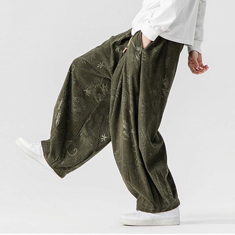 Buddha Stones ​​Winterdrachen-Phönix-Muster Baumwollcord Herren Haremshose mit Taschen - image 7