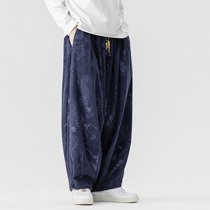 Buddha Stones ​​Winterdrachen-Phönix-Muster Baumwollcord Herren Haremshose mit Taschen - image 19
