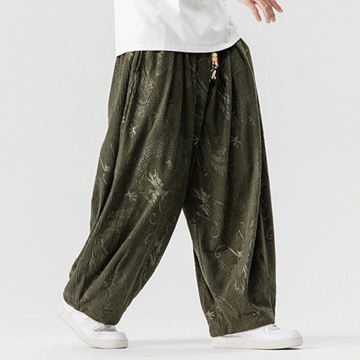 Buddha Stones ​​Winterdrachen-Phönix-Muster Baumwollcord Herren Haremshose mit Taschen - image 5