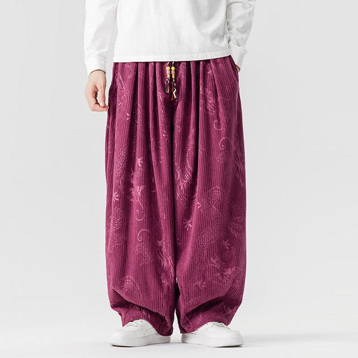 Buddha Stones ​​Winterdrachen-Phönix-Muster Baumwollcord Herren Haremshose mit Taschen - Mittelviolettrot - US/ UK/AU46, EU56 (5XL) - image 9