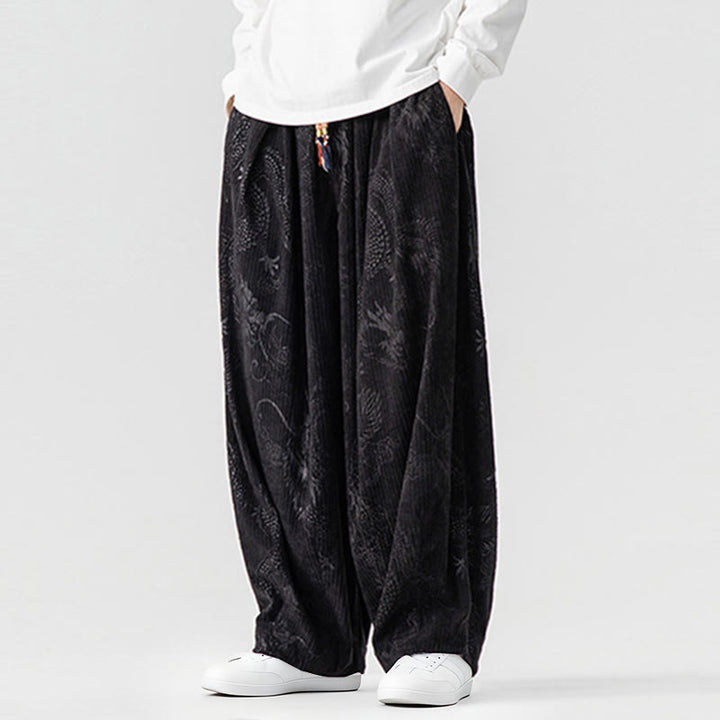 Buddha Stones ​​Winterdrachen-Phönix-Muster Baumwollcord Herren Haremshose mit Taschen - image 32