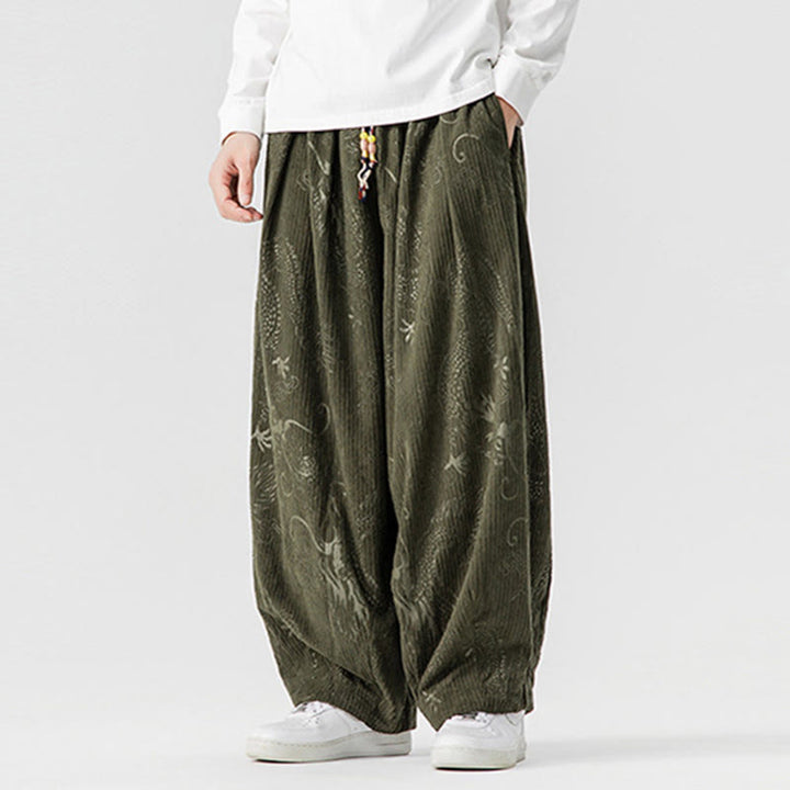 Buddha Stones ​​Winterdrachen-Phönix-Muster Baumwollcord Herren Haremshose mit Taschen - image 2