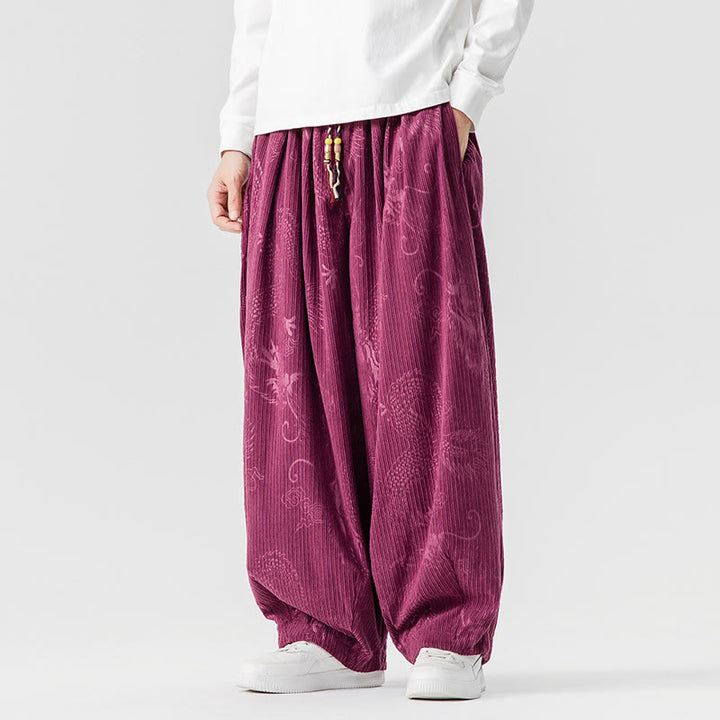 Buddha Stones ​​Winterdrachen-Phönix-Muster Baumwollcord Herren Haremshose mit Taschen - image 11