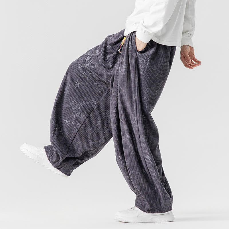 Buddha Stones ​​Winterdrachen-Phönix-Muster Baumwollcord Herren Haremshose mit Taschen - image 30