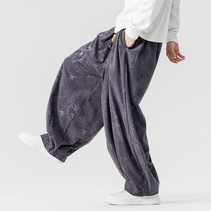 Buddha Stones ​​Winterdrachen-Phönix-Muster Baumwollcord Herren Haremshose mit Taschen - image 30