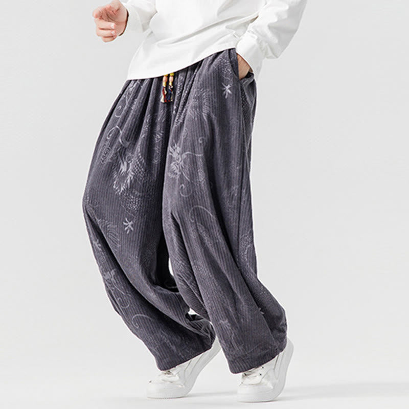 Buddha Stones ​​Winterdrachen-Phönix-Muster Baumwollcord Herren Haremshose mit Taschen - image 29