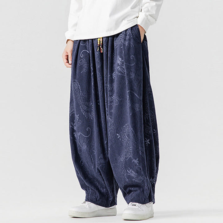 Buddha Stones ​​Winterdrachen-Phönix-Muster Baumwollcord Herren Haremshose mit Taschen - image 18