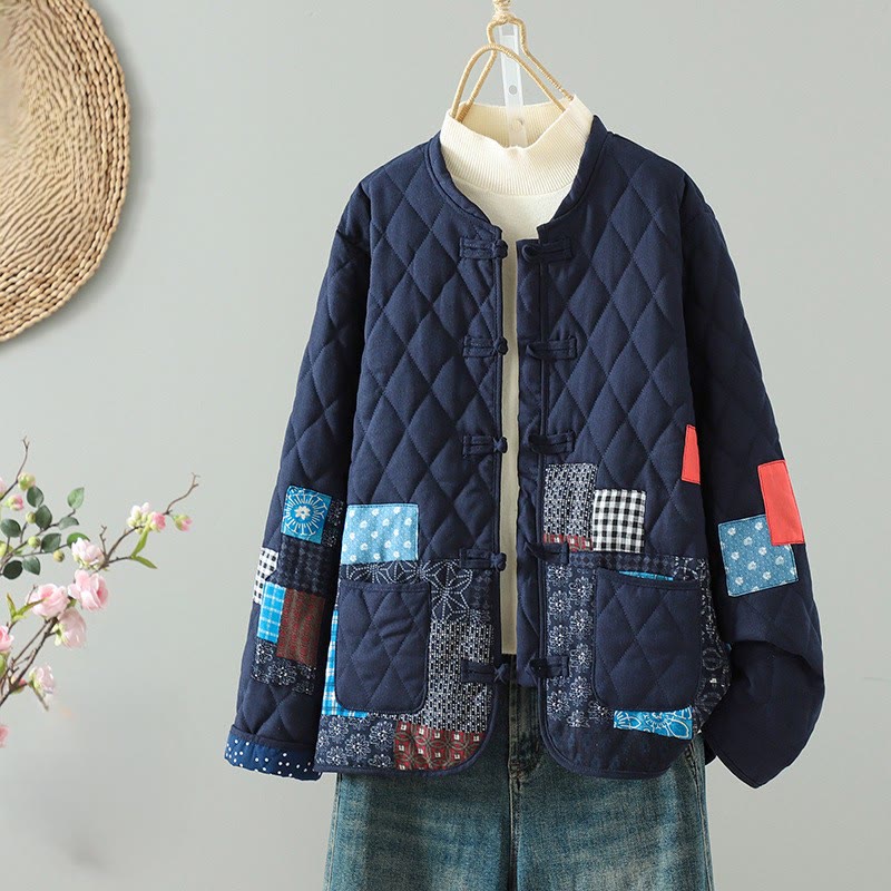 Buddha Stones Ethno-Patchwork-Damenjacke aus dicker Baumwolle mit langen Ärmeln und Taschen - Blaues Blumenmuster - US 8-10, UK/AU 12-14, EU 40-42 (2XL) - image 0