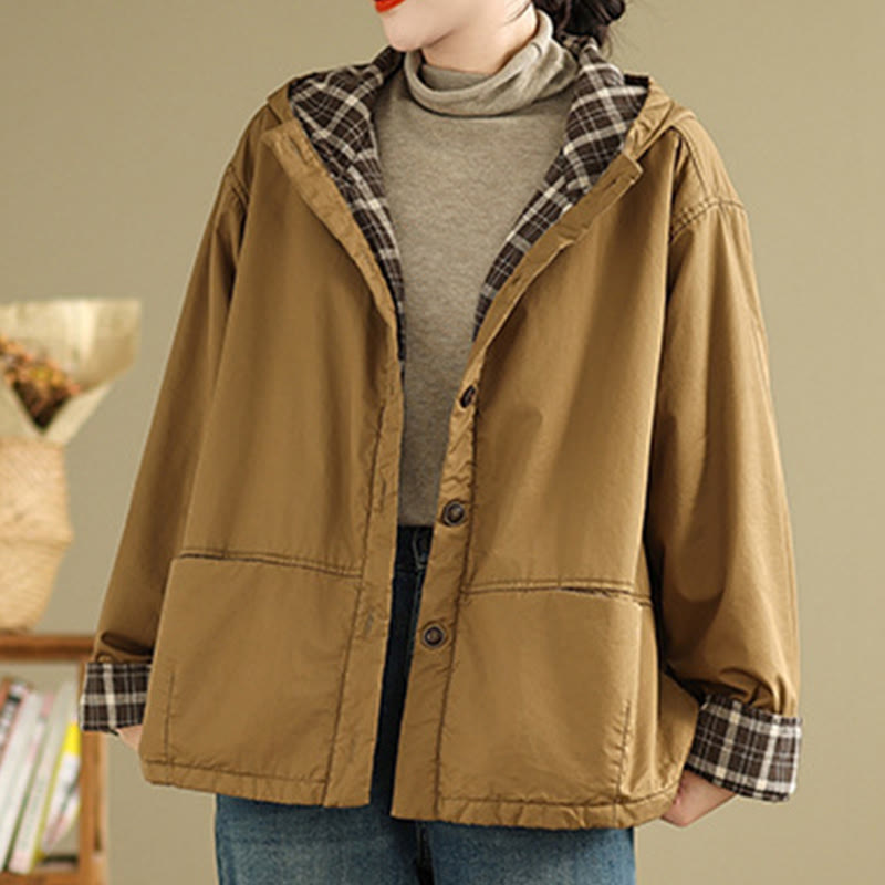 Damen-Kapuzenjacke mit Buddha Stones -Karomuster, langärmelig, aus dicker Baumwolle, mit Taschen - image 2