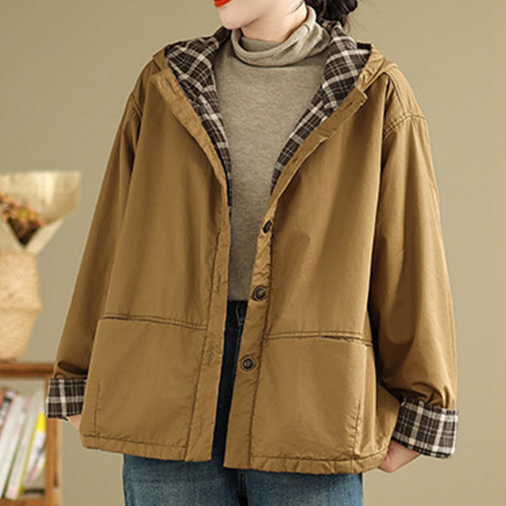 Damen-Kapuzenjacke mit Buddha Stones -Karomuster, langärmelig, aus dicker Baumwolle, mit Taschen - image 2