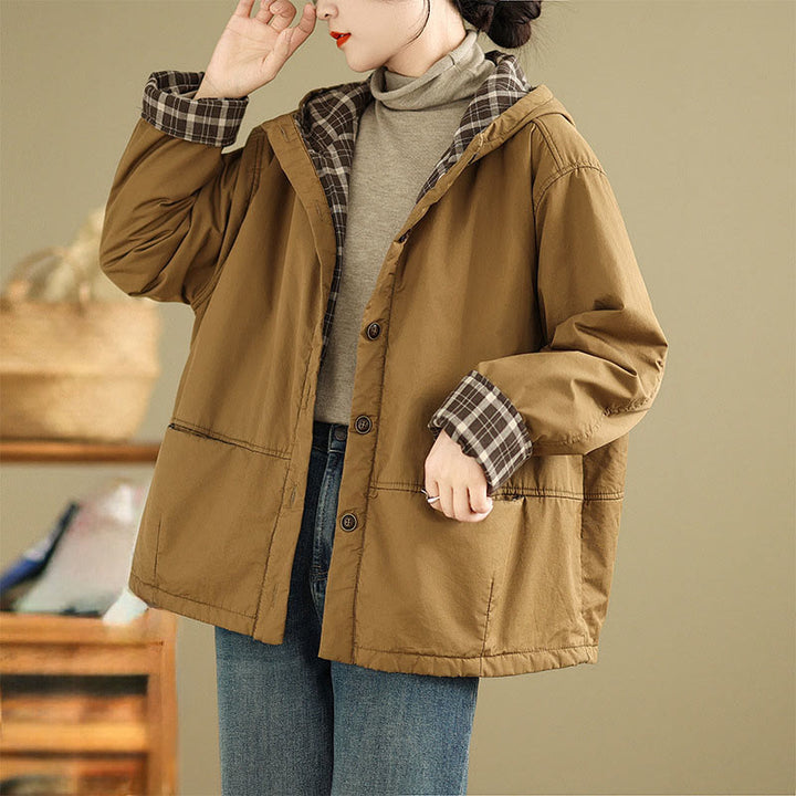 Damen-Kapuzenjacke mit Buddha Stones -Karomuster, langärmelig, aus dicker Baumwolle, mit Taschen - Goldrute - US12, UK/AU16, EU44 (XL) - image 0
