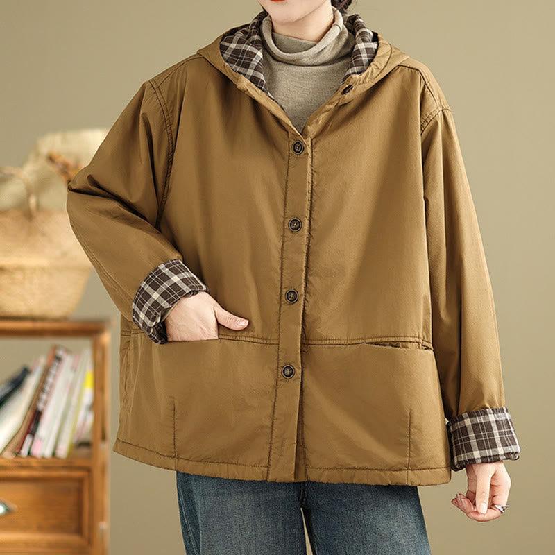 Damen-Kapuzenjacke mit Buddha Stones -Karomuster, langärmelig, aus dicker Baumwolle, mit Taschen - image 1