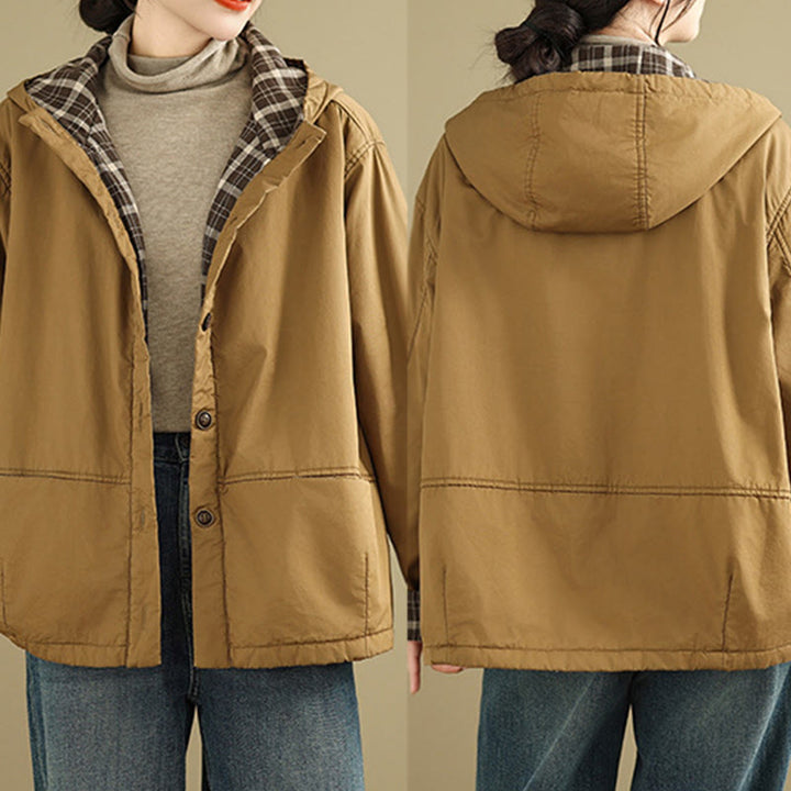 Damen-Kapuzenjacke mit Buddha Stones -Karomuster, langärmelig, aus dicker Baumwolle, mit Taschen - image 3